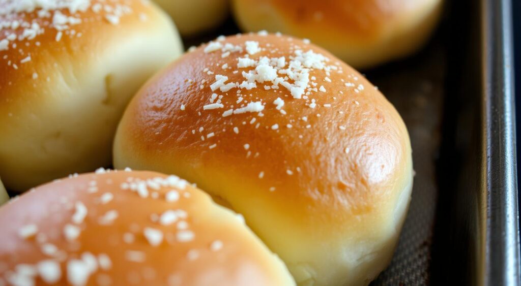 Image of freshly baked dinner rolls on a baking sheet sprinkled with parmesan cheese