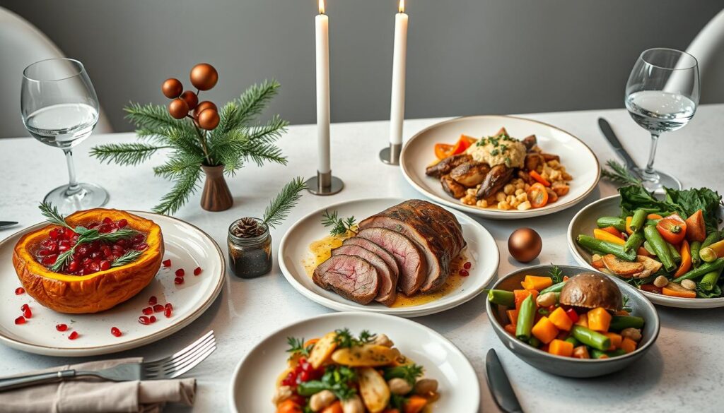 Modern Christmas dinner table with innovative dishes