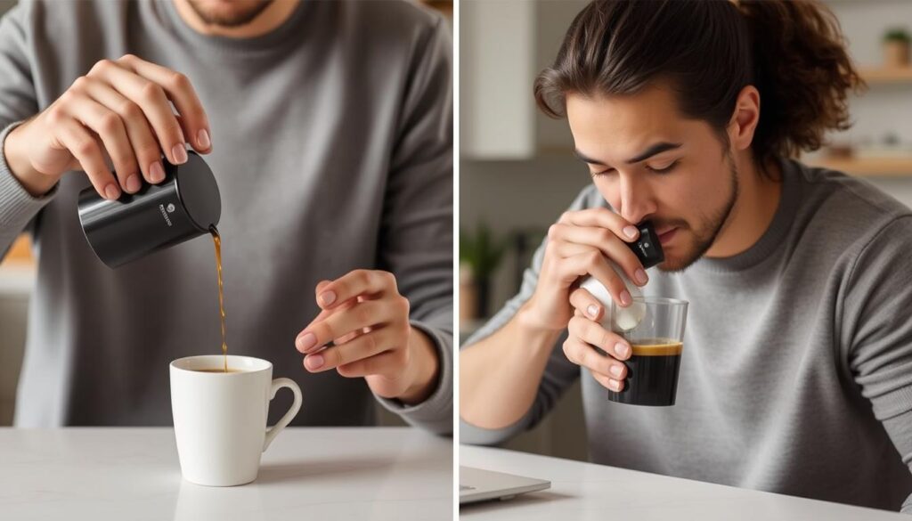 Person easily adding FitSpresso to morning coffee routine Person easily adding FitSpresso to morning coffee routine