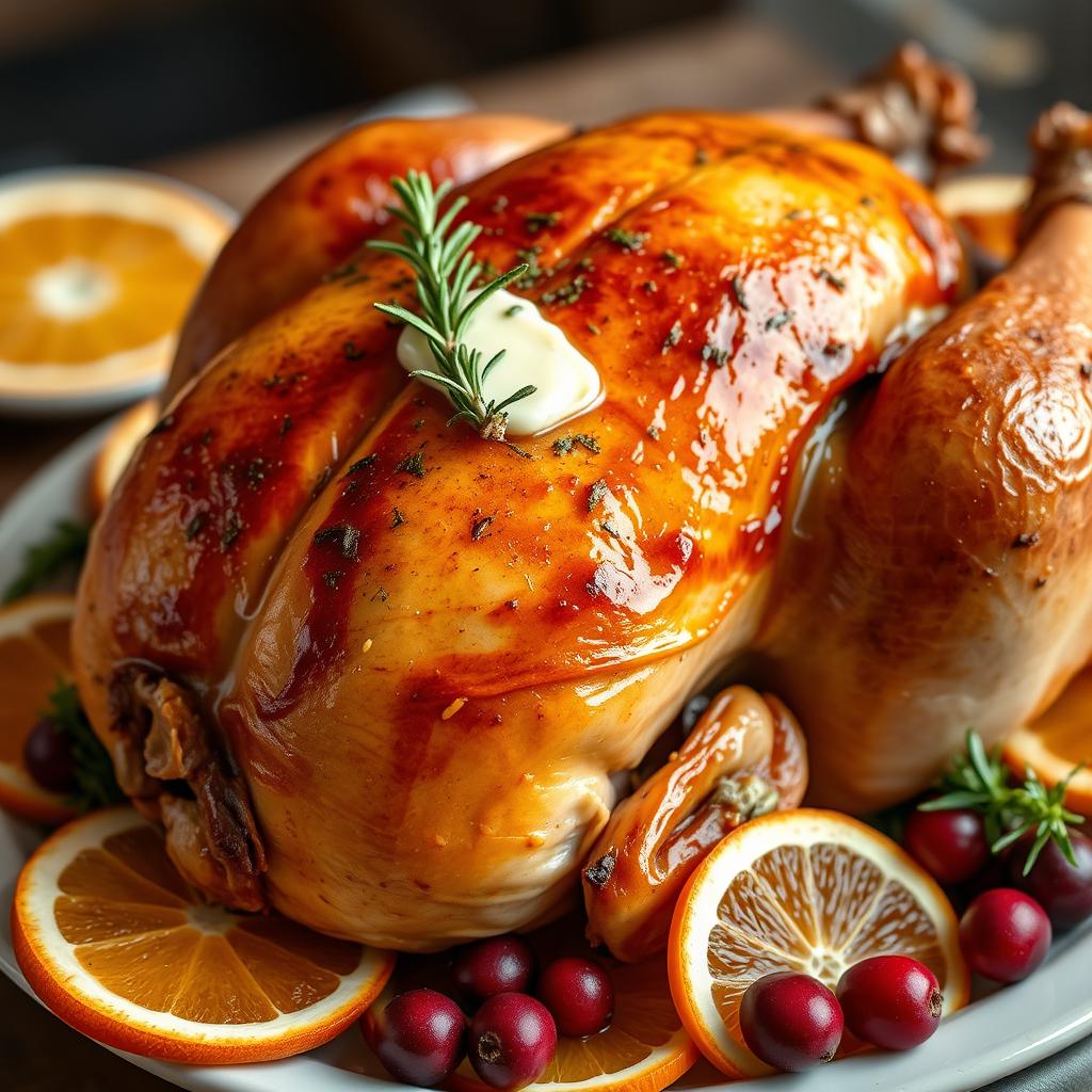 Roast turkey with herb butter and garnishes