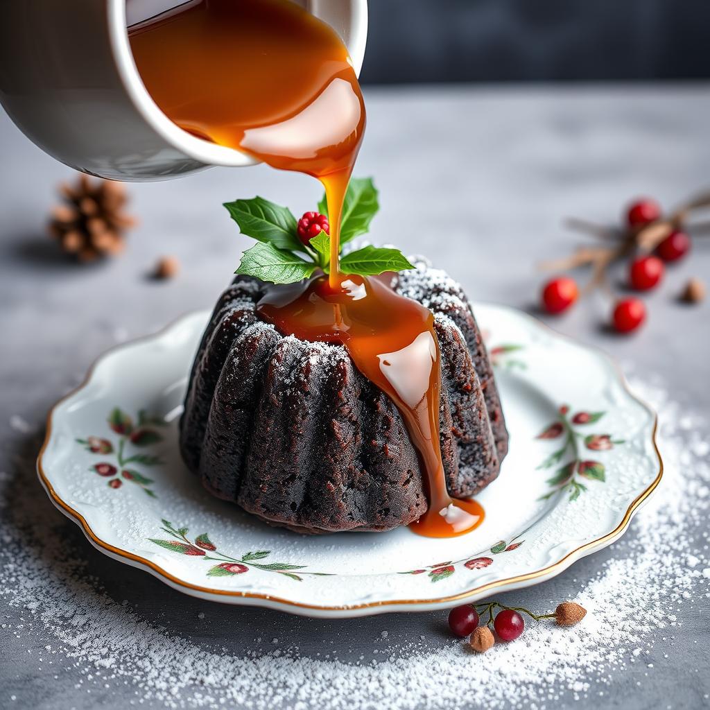 Salted caramel Christmas pudding with sauce