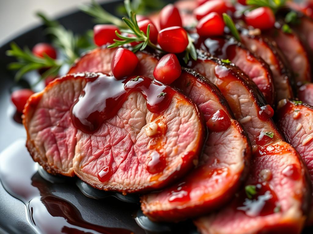 Sliced pomegranate glazed duck breast with garnish