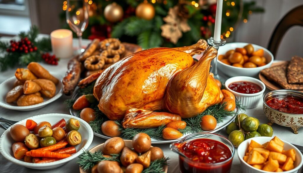 Traditional Christmas dinner with roast turkey, potatoes, and vegetables