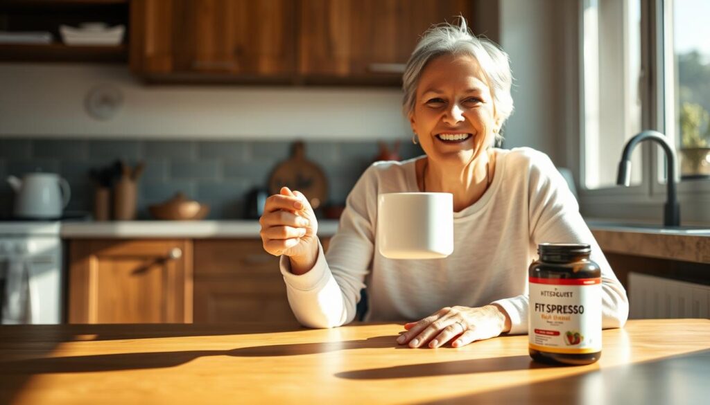 Woman enjoying morning coffee with FitSpresso supplement