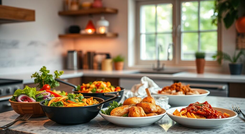 a cozy kitchen counter with a variety of easy-to-prepare dinner options, including a freshly prepared salad, a colorful stir-fry in a wok, a baked chicken dish with roasted vegetables, and a simple pasta dish with a vibrant tomato sauce, all lit by warm, natural lighting from a large window in the background, creating a relaxed and inviting atmosphere, showcasing the convenience and versatility of easy dinner recipes for a modern, busy lifestyle
