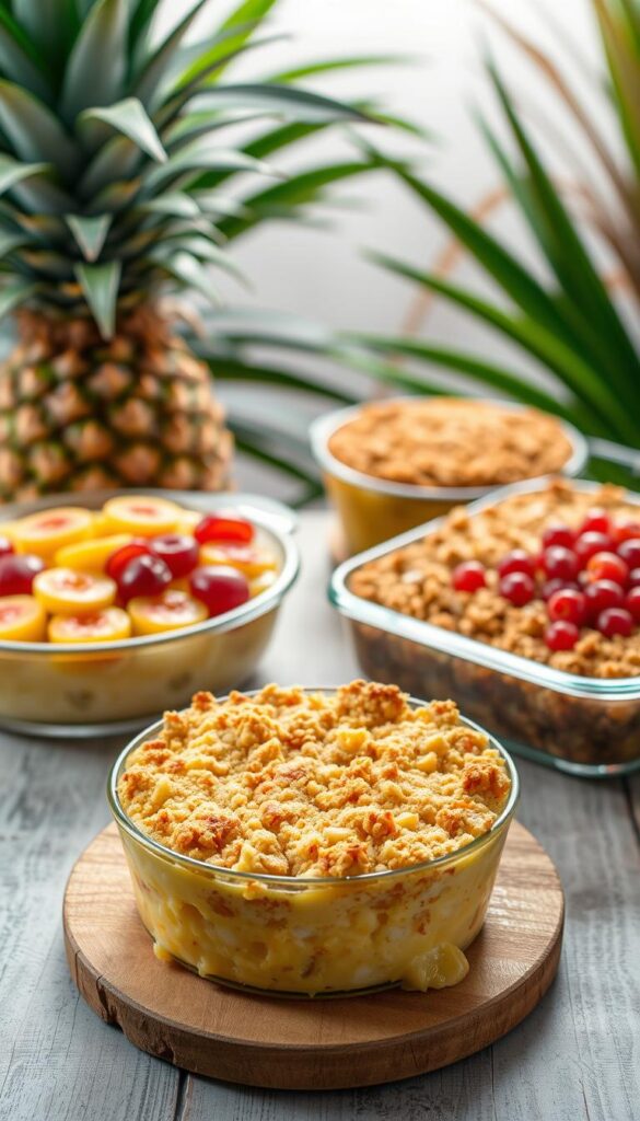 A beautifully styled arrangement of various pineapple casserole dishes, each with unique toppings and ingredients. In the foreground, a golden-brown baked casserole with a buttery crumb topping sits atop a rustic wooden table. In the middle ground, two additional casseroles - one with a vibrant pineapple and cherry topping, the other with a streusel crust. The background features a lush, tropical setting with lush greenery and hints of pineapple leaves. Soft, diffused lighting creates a warm, inviting atmosphere, highlighting the textures and colors of the casseroles. The overall scene conveys the versatility and creativity of pineapple casserole recipes.