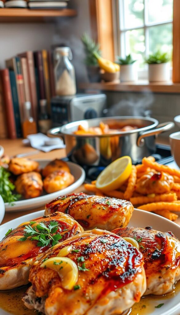 A bountiful display of delectable chicken dishes set against a warm, inviting kitchen backdrop. In the foreground, a platter showcases perfectly seared chicken breasts, garnished with fresh herbs and a drizzle of lemon-infused sauce. In the middle ground, a steaming pot of aromatic chicken and vegetable stew simmers on the stove, its enticing aroma filling the space. The background features neatly arranged cookbooks, jars of spices, and a window letting in soft, natural light, creating a cozy, homey atmosphere. The overall scene exudes a sense of culinary expertise and healthy, protein-packed meal options, perfectly suited to elevate any dinnertime experience.