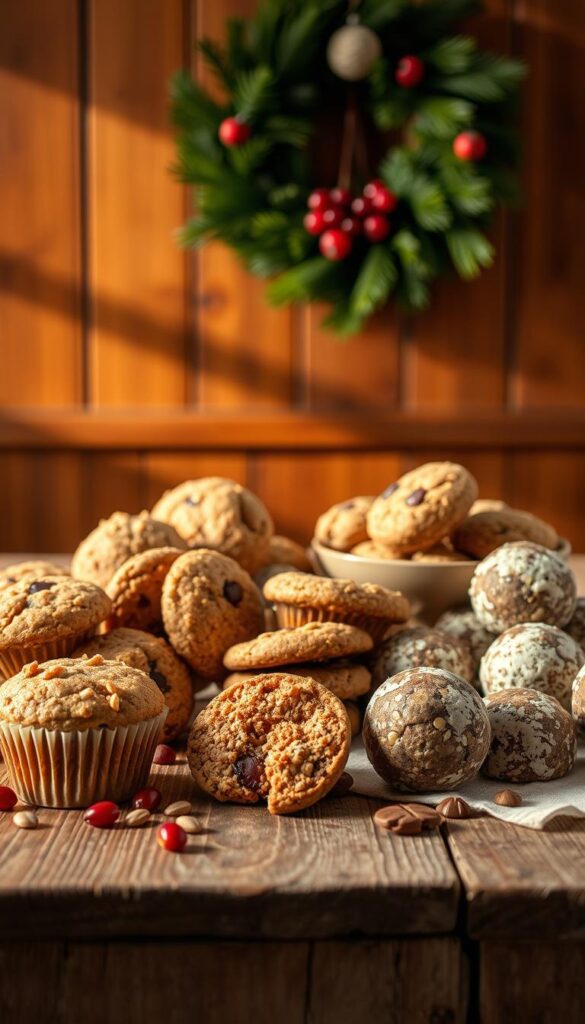 A bountiful display of healthier holiday treats, including whole grain muffins, fruit-sweetened cookies, and protein-packed energy bites. The treats are arranged on a rustic wooden table, bathed in warm, natural lighting that casts a cozy, inviting atmosphere. In the background, a simple yet elegant holiday wreath adorns the wall, complementing the earthy tones of the scene. The composition emphasizes the visual appeal and nutritional benefits of these wholesome, guilt-free indulgences, perfect for the health-conscious holiday season.