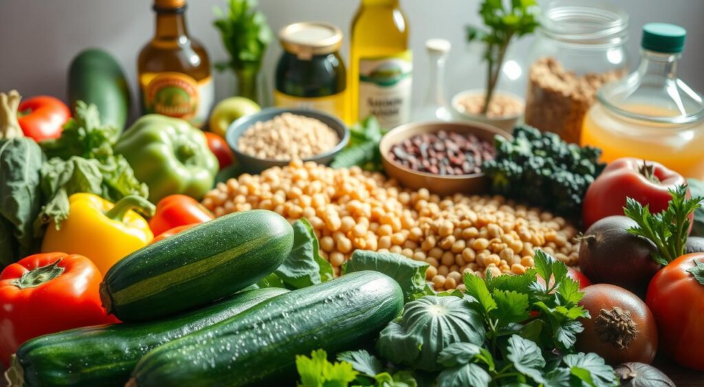 A bountiful still life capturing the essential ingredients for low-carb vegetarian cooking. In the foreground, a mix of fresh vegetables like zucchini, bell peppers, and leafy greens, glistening with a light mist. In the middle ground, a variety of protein-rich legumes, such as lentils, chickpeas, and edamame, neatly arranged. The background features jars of healthy fats and condiments, including avocado oil, apple cider vinegar, and fresh herbs. The scene is bathed in soft, natural lighting, casting gentle shadows and highlighting the vibrant colors of the produce. The overall atmosphere is one of simplicity, health, and culinary inspiration.