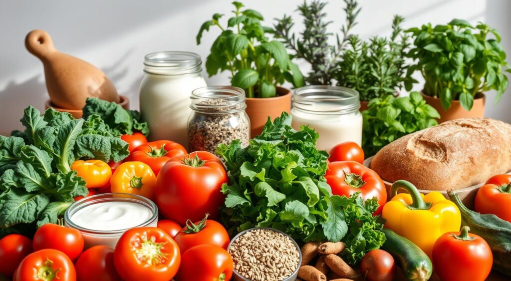 A bountiful still life showcasing an assortment of gut-friendly ingredients. In the foreground, an array of colorful produce - crisp kale, juicy tomatoes, vibrant bell peppers, and probiotic-rich fermented vegetables like sauerkraut and kimchi. Arranged alongside are jars of nutrient-dense superfoods such as chia seeds, flaxseeds, and maca powder. In the middle ground, a glass jar filled with creamy, live-cultured yogurt, and a loaf of freshly baked whole-grain bread. In the background, lush potted herbs like basil, thyme, and rosemary add a touch of natural greenery. The scene is bathed in soft, natural lighting, evoking a warm, nourishing atmosphere. The composition is balanced and visually appealing, capturing the essence of a well-stocked, gut-friendly kitchen.