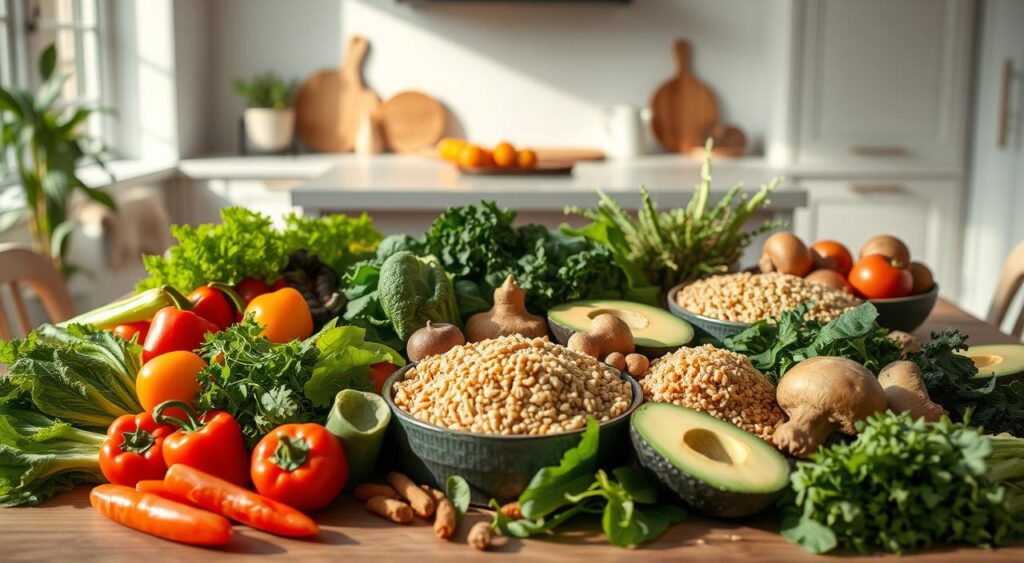 A bountiful table set for a low carb vegetarian feast. In the foreground, a spread of fresh, vibrant vegetables - crisp greens, colorful peppers, and earthy mushrooms. Positioned artfully, whole grains like quinoa and brown rice, complemented by creamy avocado and protein-rich tofu. Soft natural lighting casts a warm, nourishing glow, accentuating the textures and hues. In the background, a minimalist kitchen setting with clean lines and muted tones, creating a serene, balanced atmosphere. The scene exudes a sense of wholesome, mindful eating, perfectly capturing the essence of a low carb vegetarian lifestyle.