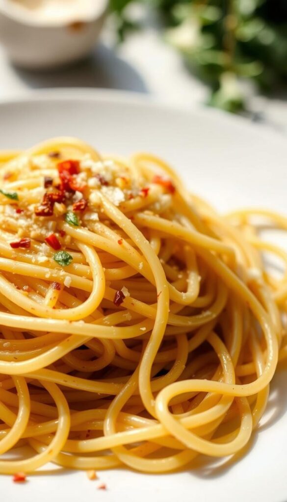 A close-up of a plate of freshly prepared spaghetti aglio e olio, the classic Italian pasta dish. The golden-brown strands of spaghetti are coated in a glistening, fragrant sauce made from extra virgin olive oil, minced garlic, and a sprinkle of red pepper flakes. The pasta is perfectly al dente, with a slight chew that complements the rich, savory flavors. A light, natural lighting illuminates the scene, casting gentle shadows and highlighting the dish's simple, yet elegant presentation. The background is blurred, keeping the focus on the enticing spaghetti in the foreground. The overall atmosphere evokes the warmth and comfort of authentic Italian home cooking.