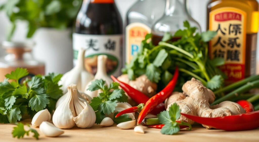 A close-up photograph of an assortment of fresh, vibrant ingredients for a gut-friendly stir fry sauce, captured in natural lighting with a shallow depth of field. In the foreground, a variety of herbs such as fresh cilantro, Thai basil, and lemongrass are arranged neatly. In the middle ground, garlic cloves, ginger root, and red chilies create a flavorful medley. The background features soy sauce, rice vinegar, and toasted sesame oil in glass bottles, evoking an authentic Asian kitchen atmosphere. The overall composition highlights the diverse flavors and health benefits of these carefully selected ingredients, inviting the viewer to imagine the delicious and nourishing stir fry to come.
