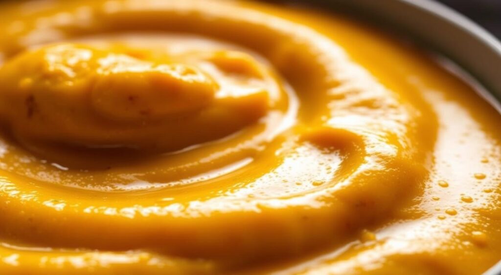 A close-up view of a bowl filled with a smooth, creamy curry sauce. The sauce has a rich, velvety texture and a vibrant golden-orange hue, infused with aromatic spices like turmeric, cumin, and ginger. The light casts a warm, soft glow on the sauce, highlighting its luscious, appetizing appearance. The foreground is in sharp focus, drawing the viewer's attention to the texture and depth of the sauce, while the background is slightly blurred, creating a sense of depth and emphasis on the main subject. The overall mood is inviting and comforting, evoking the senses of taste and smell.