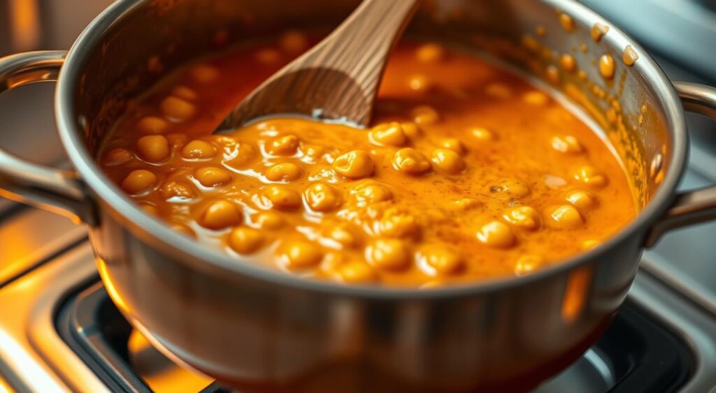 A close-up view of a simmering pot of chickpea curry, with a rich, creamy sauce and chunks of chickpeas visible. The curry is being stirred with a wooden spoon, creating a gentle swirling motion. The pot is set on a gas stove with a warm, orange glow illuminating the scene. The background is slightly blurred, placing the focus on the preparation process. The lighting is warm and natural, creating a cozy, homemade atmosphere. The overall mood is one of a comforting, nourishing meal in the making.