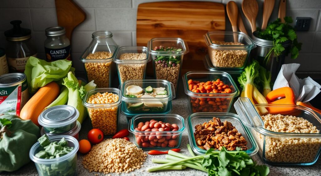 A cluttered kitchen counter with various budget-friendly ingredients and meal prep containers. In the foreground, fresh vegetables, canned beans, and whole grains like quinoa and brown rice. In the middle, glass storage containers filled with portions of healthy, homemade meals. In the background, a well-worn cutting board and a set of basic cooking utensils. The lighting is soft and natural, casting a warm glow over the scene. The overall atmosphere conveys a sense of simplicity, practicality, and a commitment to nourishing, cost-effective meals.