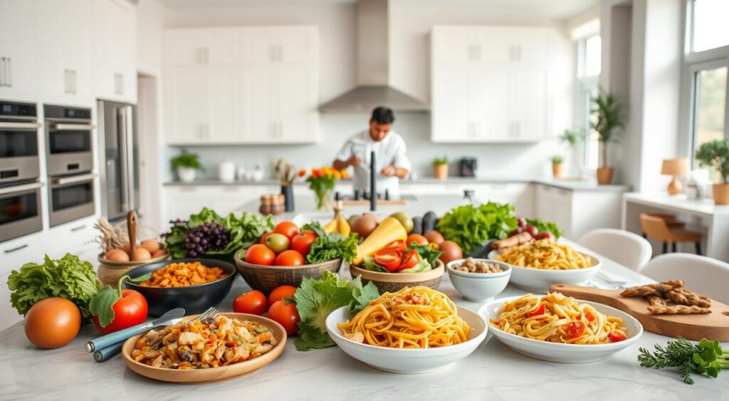 A contemporary kitchen scene, well-lit and airy, with a large central island showcasing an assortment of fresh ingredients, kitchen tools, and simple recipes. In the foreground, various quick and easy meal options, such as a stir-fry, a salad, and a pasta dish, are artfully arranged, highlighting their vibrant colors and textures. The middle ground features a chef preparing a meal, their movements captured in a dynamic pose. The background depicts an open, modern kitchen with sleek appliances and ample counter space, conveying a sense of efficiency and organization. The overall mood is one of calm, focused productivity, emphasizing the ease and convenience of creating delicious 15-minute dinners.