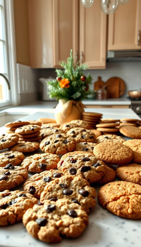 A cozy kitchen counter filled with an assortment of freshly baked holiday cookies. In the foreground, an array of healthier cookie varieties, such as oatmeal raisin, almond flour shortbread, and whole-wheat gingerbread. Soft lighting from a nearby window casts a warm glow, highlighting the intricate patterns and textures of the cookies. In the middle ground, a seasonal centerpiece, perhaps a small potted plant or a simple vase of evergreen sprigs, adds a touch of festive cheer. The background features neutral-toned kitchen cabinets and a glimpse of a tidy, inviting space, conveying a sense of wholesome comfort and relaxation. The overall mood is one of wholesome indulgence, where holiday treats are crafted with care and attention to nutritional value.