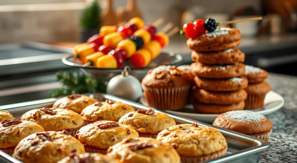 A cozy kitchen counter overflows with a delightful array of freshly baked holiday treats. In the foreground, a tray of glistening cinnamon-spiced biscuits, their golden crusts flecked with pecans. Beside it, a stack of fluffy whole-wheat gingerbread muffins, their tops dusted with a light powdering of confectioner's sugar. In the middle ground, a platter of vibrant fruit skewers, their juicy berries and citrus slices arranged in a festive pattern. The background is bathed in warm, diffused lighting, creating a inviting, homey atmosphere. The scene conveys a sense of nourishing indulgence, perfect for a healthy holiday baking spread.