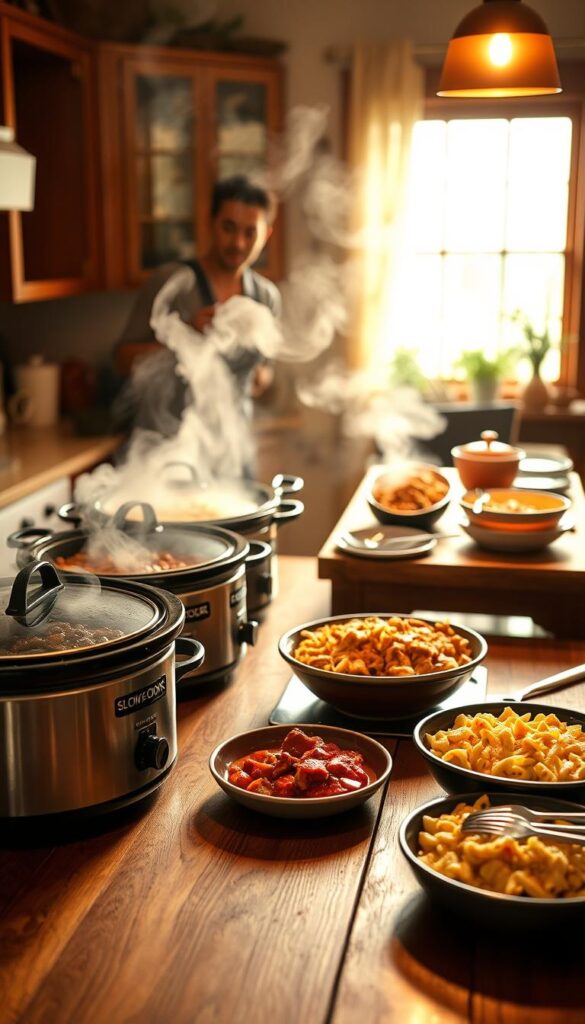 A cozy kitchen counter showcases an array of slow cooker dishes, including rich beef stew, savory chicken cacciatore, and creamy mac and cheese. Abundant steam rises from the slow cookers, filling the air with tantalizing aromas. The scene is illuminated by warm, golden lighting that casts a comforting glow, capturing the inviting atmosphere of a family-friendly gathering. In the background, a rustic wooden table is set with serving platters, bowls, and utensils, ready to host a delightful spread of hearty, homemade slow cooker favorites. The overall composition conveys the effortless elegance and deliciousness of these easy, crowd-pleasing slow cooker party dishes.