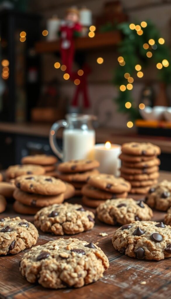 A cozy kitchen filled with a variety of healthier holiday cookies, including sugar-free oatmeal raisin, gluten-free gingerbread, and vegan chocolate chip. The cookies are arranged on a rustic wooden table, their warm, inviting aroma filling the air. Soft, diffused lighting casts a gentle glow, highlighting the delicate textures and vibrant colors of the treats. In the background, a glimpse of a festive holiday scene, with twinkling lights and a festive garland, creates a heartwarming and joyful atmosphere. The overall scene conveys the delight of healthy baking during the holiday season.