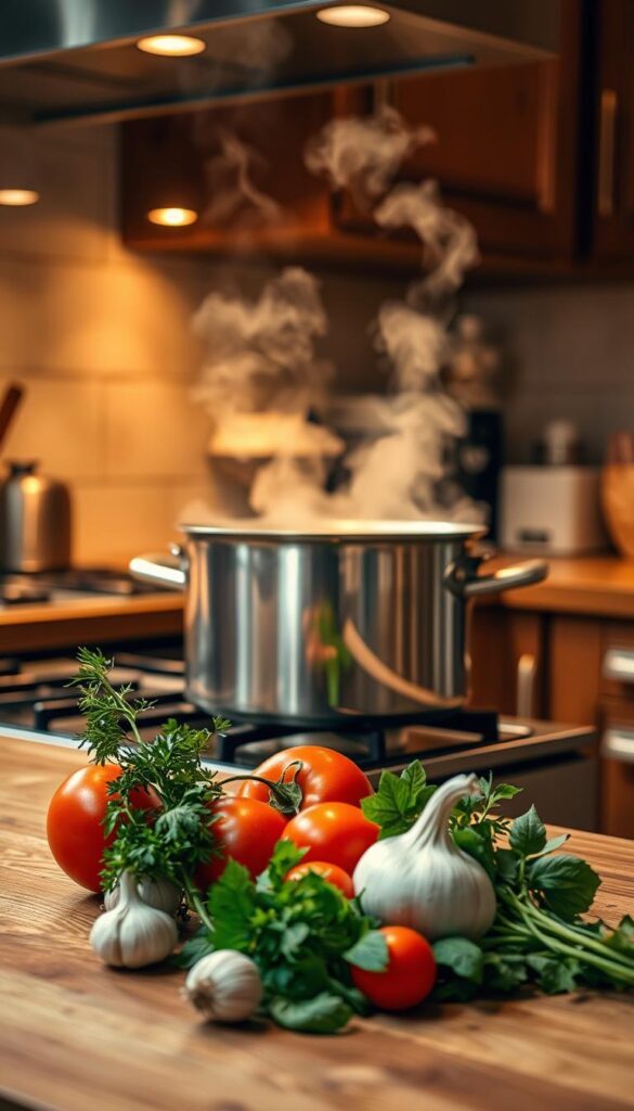 A cozy kitchen scene, a large pot simmering on the stove, steam rising gently as the aroma of simmering pasta and vegetables fills the air. Soft, warm lighting casts a golden glow, highlighting the texture of the wooden countertops and the gleam of the stainless steel appliances. In the foreground, a selection of fresh herbs, garlic, and tomatoes await their turn to be added to the pot, their vibrant colors a contrast to the earthy tones of the kitchen. The scene conveys a sense of ease and simplicity, inviting the viewer to imagine the satisfying flavors and convenience of a one-pot pasta dish.