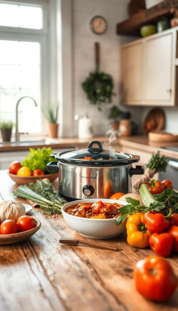 A cozy kitchen scene featuring a slow cooker simmering with a hearty, aromatic stew. In the foreground, the slow cooker takes center stage, its ceramic pot gleaming and steam gently rising. Around it, an assortment of fresh vegetables, herbs, and spices are neatly arranged, ready to be added. The middle ground showcases a rustic wooden table, its surface adorned with a simple plaid tablecloth, complementing the warm, homey atmosphere. In the background, a large window floods the space with soft, natural light, casting a gentle glow over the scene. The overall mood is one of comforting, wholesome simplicity, inviting the viewer to imagine the delicious, slow-cooked meal that awaits.