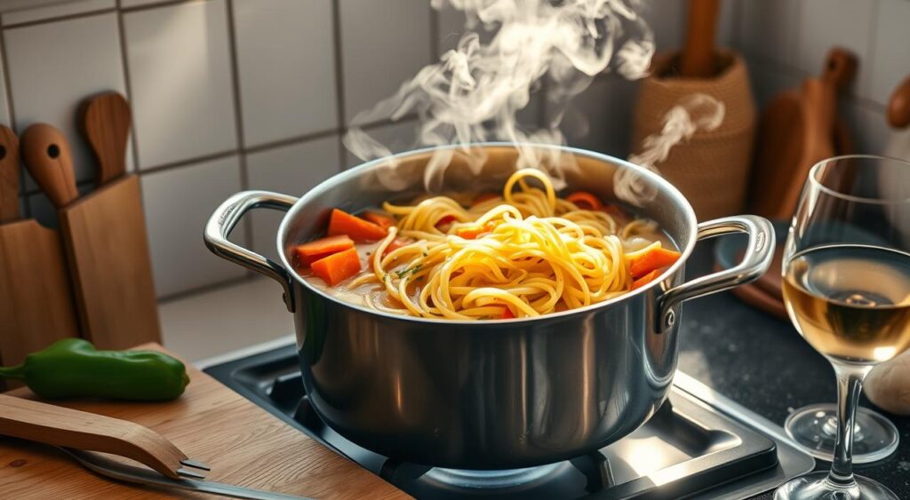A cozy kitchen scene, sunlight streaming through the window, illuminating a large saucepan simmering on the stovetop. Chopped vegetables - carrots, onions, garlic - sizzle in olive oil, releasing enticing aromas. Strands of fresh pasta twirl and swirl in the bubbling broth, stewing with herbs and spices. Wisps of steam rise, casting a warm, inviting glow. Wooden utensils, a cutting board, and a glass of white wine complete the laid-back, homemade ambiance. The overall mood is one of effortless, wholesome cooking - a delightful one-pot pasta dish, ready to nourish the whole family.