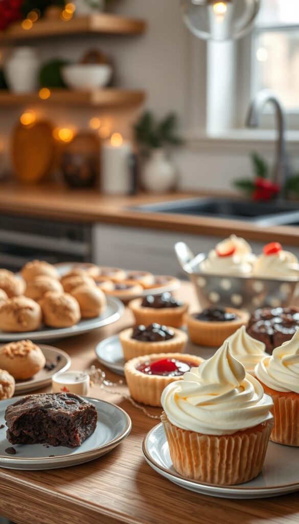 A cozy kitchen scene with a assortment of vegan holiday desserts freshly baked and artfully arranged on a wooden table. Soft, warm lighting from above casts a inviting glow, highlighting the rich colors and textures of the treats - luscious chocolate truffles, crumbly shortbread cookies, glistening fruit tarts, and fluffy cupcakes adorned with swirls of creamy frosting. In the background, glimpses of festive decor like twinkling lights and evergreen sprigs set the scene for a joyful, healthy holiday gathering.