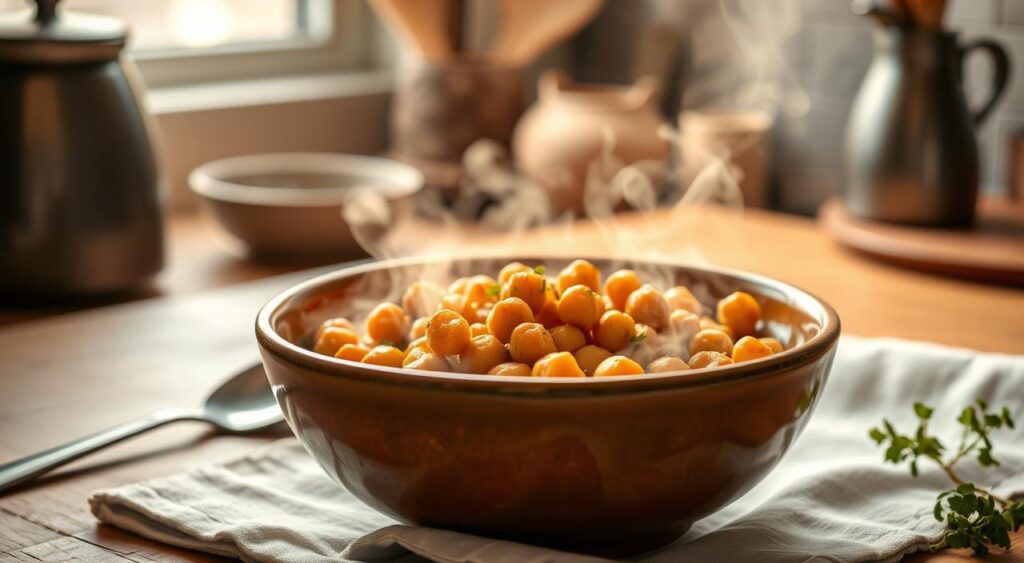 A cozy kitchen scene with a ceramic bowl filled with steaming chickpea curry, wisps of fragrant steam rising from the fragrant dish. Soft, diffused lighting illuminates the scene, casting a warm, inviting glow. The bowl is placed on a wooden table, surrounded by simple kitchen accessories like a spoon, napkin, and perhaps a small plant or herb. The background is softly blurred, allowing the curry to be the focal point. The overall mood is one of comfort, nourishment, and the satisfying simplicity of a quick, healthy home-cooked meal.