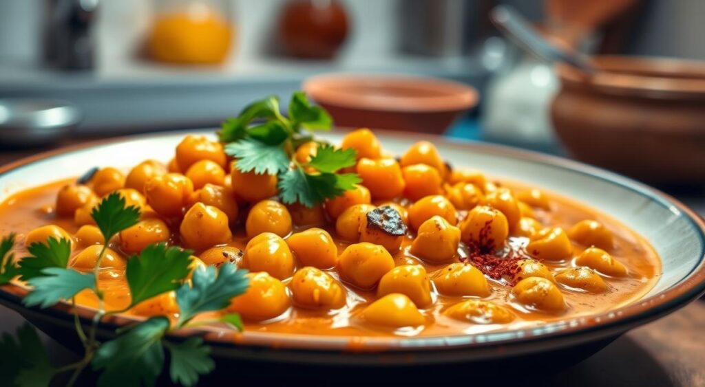 A delectable chickpea curry, brimming with vibrant hues and rich, aromatic spices. Chickpeas, the star of the dish, gleam with a golden sheen, nestled in a creamy, coconut-infused sauce. Vibrant cilantro leaves and a sprinkle of spices adorn the foreground, while in the background, a softly-lit kitchen setting evokes a comforting, homemade atmosphere. The warm, inviting lighting casts a gentle glow, highlighting the dish's nutritional goodness and the ease of preparation. A visually stunning, mouthwatering representation of a quick, healthy, and satisfying chickpea curry.