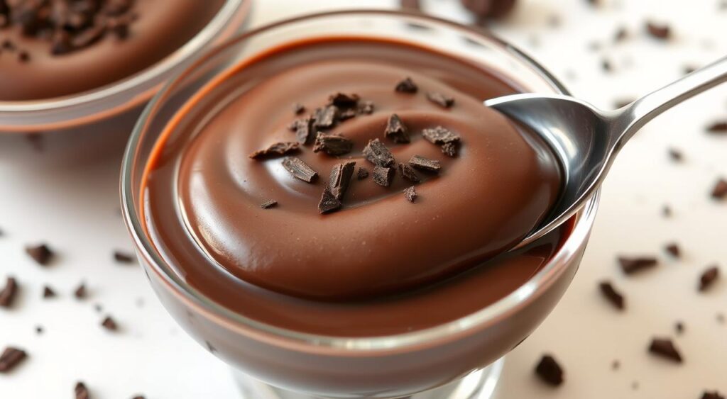 A delectable dairy-free chocolate pudding, its velvety smooth texture glistening under soft, warm lighting. The pudding rests in a clear glass bowl, revealing its rich, cocoa-infused depths. Flecks of dark chocolate shavings dot the surface, lending a luxurious touch. Surrounding the bowl, a minimalist white background allows the dessert to take center stage, its alluring aroma promising an indulgent, guilt-free treat. A spoon rests invitingly, ready to dive into this decadent, dairy-free delight.
