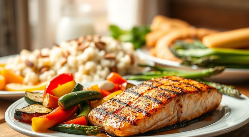 A delectable feast of nutritious low-carb dishes for diabetic diners. In the foreground, a platter showcases a sizzling grilled salmon fillet, accompanied by a vibrant array of roasted vegetables - zucchini, bell peppers, and asparagus. In the middle ground, a creamy cauliflower-based "rice" dish, sprinkled with toasted almonds, adds a satisfying, low-carb alternative to traditional grains. The background is bathed in warm, natural lighting, conveying a cozy, inviting atmosphere. The overall scene exudes a sense of balance, flavor, and health-consciousness, perfectly capturing the essence of delicious low-carb meals for the discerning diabetic palate.