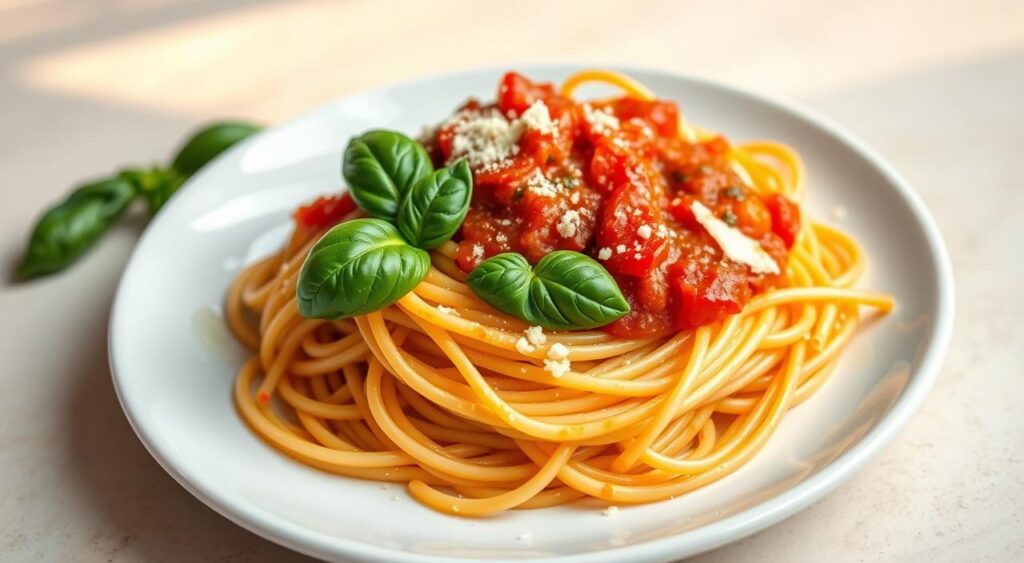 A delectable pasta dish, freshly cooked al dente spaghetti, tossed in a vibrant, tomato-based sauce. Garnished with fresh basil leaves, grated Parmesan, and a drizzle of olive oil. The pasta is arranged on a white ceramic plate, set against a neutral, light-colored background, allowing the colors of the dish to pop. Warm, natural lighting casts a soft, inviting glow over the scene, highlighting the textures and vibrant hues of the ingredients. The composition is balanced, with the pasta taking center stage, surrounded by complementary elements that enhance the overall aesthetic. This image conveys the essence of a quick, yet delicious pasta dish, perfect for a weeknight dinner.