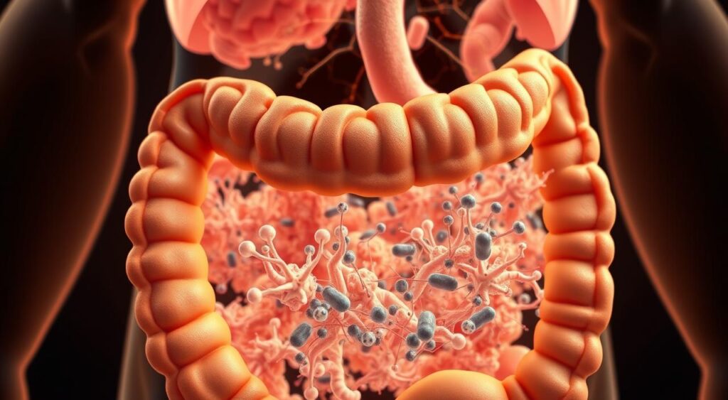 A detailed, high-resolution illustration of a healthy human gut, viewed in cross-section. The foreground depicts the intricate network of intestinal villi, their delicate, finger-like projections maximizing the surface area for nutrient absorption. The middle ground showcases the gut microbiome, a diverse array of beneficial bacteria in harmonious balance. In the background, a stylized representation of the gut-brain axis, with neural connections suggesting the dynamic interplay between the digestive and nervous systems. Warm, earthy tones convey a sense of vitality and wholeness, while soft, diffused lighting lends an air of serenity and calm. Captured with a wide-angle lens to provide a comprehensive, panoramic view of this integral component of overall health and well-being.
