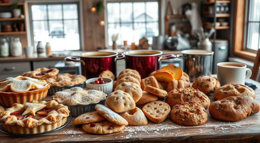 A festive spread of wholesome holiday baking, artfully arranged on a rustic wooden table. In the foreground, a selection of freshly baked treats - flaky pies with seasonal fillings, delicate cookies dusted with powdered sugar, and fragrant breads studded with dried fruits and nuts. The middle ground features glistening pots of spiced apple cider and creamy hot chocolate, steam rising gently. In the background, a cozy kitchen interior with warm lighting, weathered shelves stocked with baking supplies, and a glimpse of a snowy winter landscape outside the window. An inviting, nourishing scene that captures the spirit of healthy, homemade holiday baking.