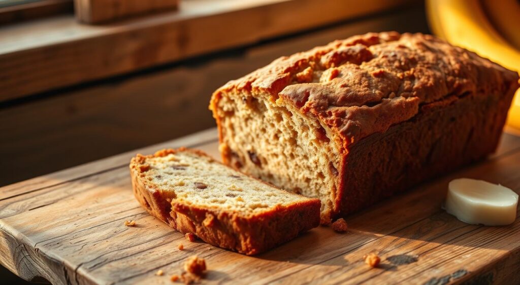 A freshly baked gluten-free banana bread, with a golden-brown crust, resting on a rustic wooden table. The loaf is sliced, revealing a moist, fluffy interior flecked with chunks of ripe banana. Warm lighting from a nearby window casts a soft glow, accentuating the bread's natural sweetness. Nearby, a few stray crumbs and a small pat of butter hint at the satisfying texture. The scene evokes a cozy, homemade atmosphere, perfect for a healthier, gut-friendly treat.