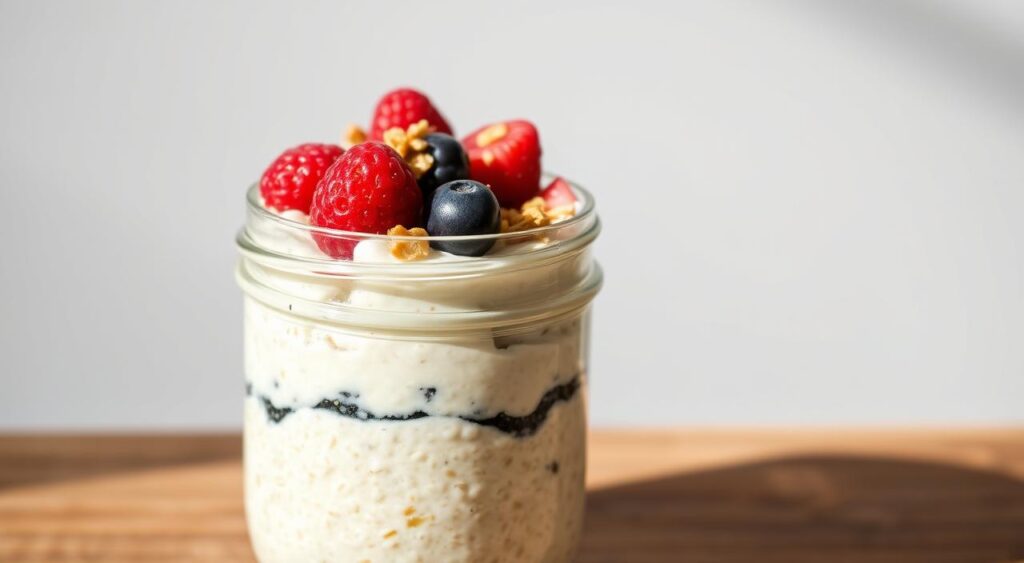 A glass jar filled with creamy, layered overnight oats, garnished with fresh berries, a drizzle of honey, and a sprinkling of toasted nuts. The oats are bathed in a soft, natural light, casting gentle shadows and highlights that accentuate their textural appeal. The jar is positioned on a wooden surface, with a neutral, minimalist background that allows the vibrant colors of the ingredients to take center stage. The overall composition evokes a sense of simplicity, wholesomeness, and the effortless, make-ahead convenience of this healthy breakfast option.