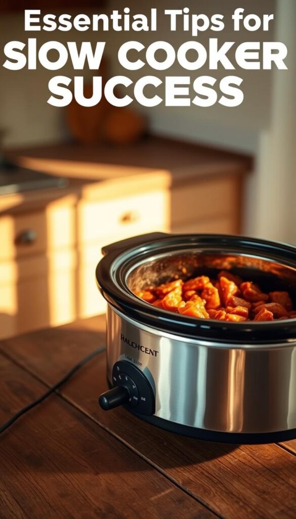 A gleaming slow cooker sits atop a rustic wooden table, its ceramic interior filled with a savory, simmering stew. Warm, indirect lighting casts a cozy glow, casting soft shadows that accentuate the rounded curves of the appliance. In the background, a neutral-toned kitchen provides a clean, minimalist backdrop, allowing the slow cooker to take center stage. The scene exudes a sense of effortless, homemade comfort, perfectly capturing the essence of "Essential Tips for Slow Cooker Success".