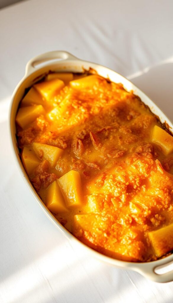 A golden-brown, buttery pineapple casserole sits atop a pristine white table, surrounded by a soft, warm light that casts a gentle glow. Perfectly baked, the casserole's surface is lightly crisped, with juicy pineapple chunks peeking through a bed of creamy, golden-hued custard. The aroma of sweet, caramelized pineapple and a hint of cinnamon fill the air, inviting the senses to indulge in the comforting, Southern charm of this beloved dish. The casserole is presented in an elegant, oval-shaped baking dish, lending an air of sophistication to the scene. Wisps of steam rise from the casserole, hinting at the perfect bake time and temperature that have created this delightful culinary masterpiece.