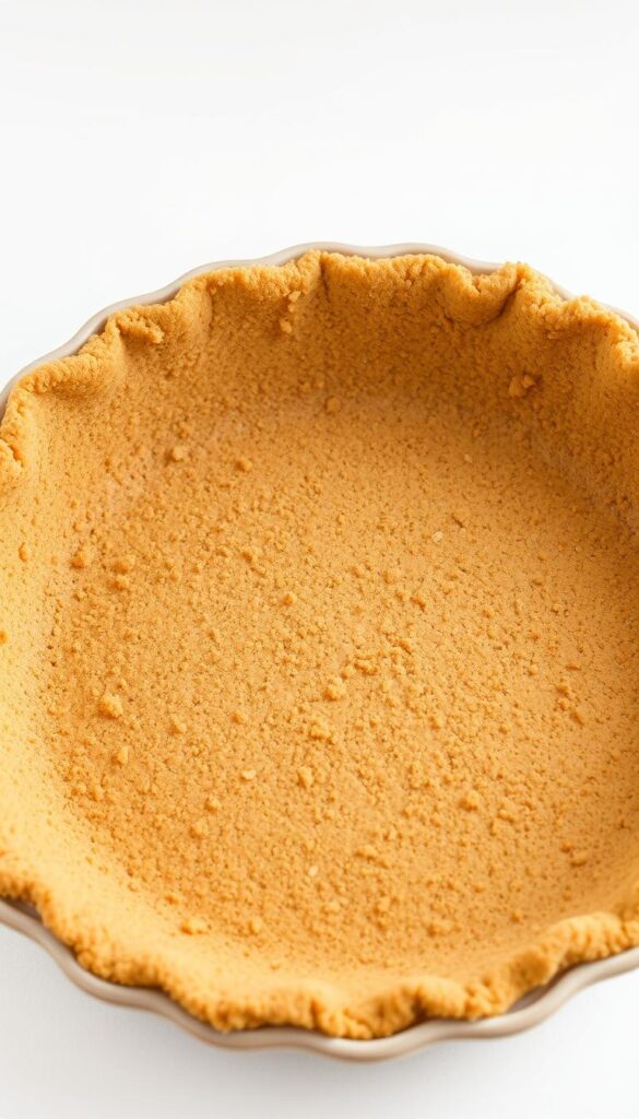A golden-brown, flaky graham cracker crust, freshly baked, with a delicate crunch and a slight hint of honey sweetness. The crust fills the frame, casting a warm, inviting glow under soft, directional lighting that accentuates its intricate texture and even color. The crust is presented in a classic pie dish, nestled against a plain white background, allowing the crust to be the star of the image. The overall mood is one of homemade comfort and simplicity, perfectly capturing the essence of a perfect graham cracker crust for a classic no-bake strawberry pie.