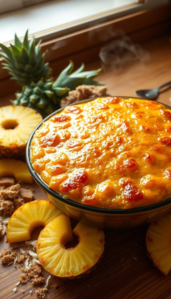 A golden-brown pineapple casserole dish, freshly baked, sitting on a wooden kitchen counter, steam gently rising from the surface. The casserole is surrounded by fresh pineapple slices, brown sugar, and a sprinkling of toasted coconut flakes. Warm, soft lighting illuminates the scene, casting a cozy glow. The casserole's bubbly, caramelized top is the focal point, inviting the viewer to imagine the perfect balance of sweet and savory flavors. The image conveys the satisfaction of mastering the bake time for this delicious pineapple-based dish.
