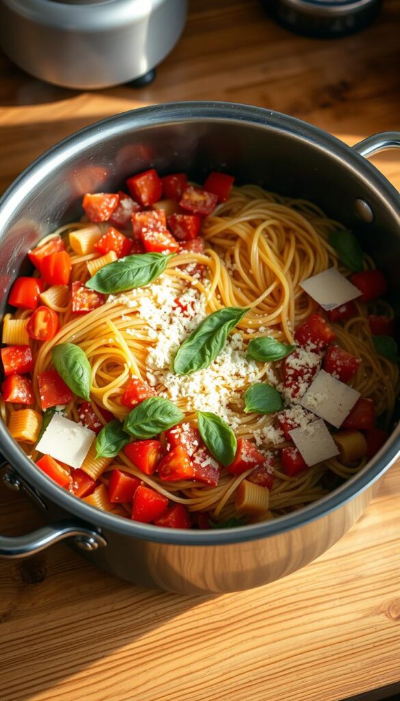 A large stainless steel pot filled with colorful ingredients such as spaghetti noodles, diced tomatoes, fresh basil leaves, and grated Parmesan cheese. The pot is placed on a wooden kitchen counter, bathed in warm, natural lighting that casts soft shadows. The scene conveys a homey, rustic atmosphere, with the process of one-pot pasta cooking unfolding before the viewer. The camera angle is slightly elevated, providing a clear view of the various stages of the cooking process, from uncooked ingredients to the final, steaming dish. The overall composition emphasizes the simplicity and convenience of this method, inviting the viewer to imagine the delicious aroma and satisfying flavors of the one-pot pasta meal.