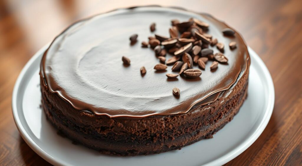 A luscious dairy-free chocolate cake, freshly baked with a rich, velvety texture. The cake's surface glistens under warm, soft lighting, inviting the viewer to indulge. Delicate cocoa nibs and shavings of dark chocolate adorn the top, creating a visually appealing contrast. The cake rests on a simple white platter, allowing the decadent chocolate flavor to take center stage. Hints of vanilla and a subtle aromatic essence fill the air, promising a delightful and guilt-free treat. The composition is clean and minimalist, emphasizing the cake's inherent beauty and the satisfying experience of a dairy-free chocolate indulgence.