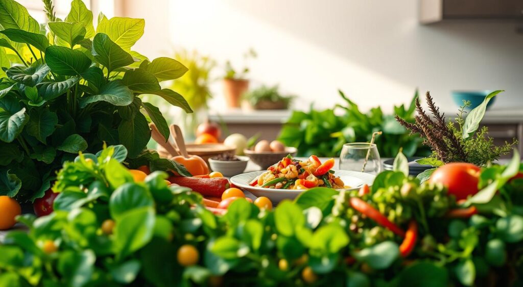 A lush, verdant scene featuring a variety of vibrant low-carb vegetarian foods. In the foreground, fresh produce such as leafy greens, brightly colored vegetables, and high-protein legumes are prominently displayed, bathed in warm, natural lighting. In the middle ground, a serene, minimalist table setting showcases a delectable low-carb vegetarian dish, surrounded by complementary ingredients. The background subtly suggests a modern, airy kitchen or dining space, with clean lines and neutral tones that highlight the healthful, nourishing qualities of the scene. The overall atmosphere conveys a sense of balance, vitality, and the abundant benefits of a low-carb vegetarian lifestyle.