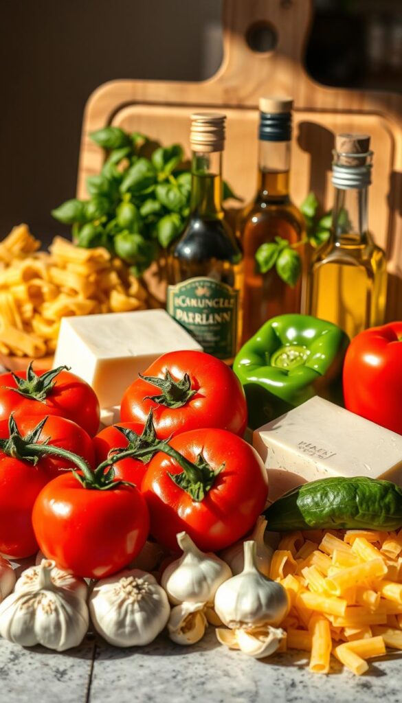 A meticulously arranged still life capturing the essential ingredients for a delectable one pot pasta dish. In the foreground, a medley of fresh vegetables - plump tomatoes, vibrant bell peppers, and fragrant garlic cloves - await preparation. The middle ground features an array of dried pasta shapes, a wedge of Parmesan cheese, and a bottle of high-quality olive oil. In the background, a bundle of fresh basil and a rustic wooden cutting board complete the scene, illuminated by warm, natural lighting that casts gentle shadows. The overall composition conveys a sense of simplicity, quality, and the comforting allure of a homemade pasta meal.