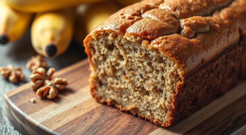 A mouth-watering close-up of a freshly baked gluten-free banana bread, its golden-brown crust glistening under soft, diffused lighting. The loaf is positioned on a rustic, wooden cutting board, surrounded by a few ripe bananas and a scattering of walnut halves. The bread's interior is revealed, showcasing a moist, tender crumb with visible flecks of banana and a delicate hint of cinnamon. The scene conveys a sense of homemade comfort and health-conscious indulgence, perfect for illustrating a recipe for dairy-free and dietary-adapted banana bread.