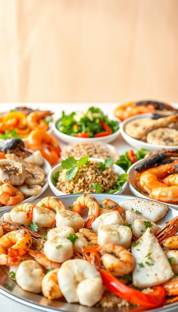 A mouthwatering array of fresh seafood dishes set against a bright, airy backdrop. In the foreground, a platter showcasing an assortment of grilled, pan-seared, and poached seafood delicacies - succulent shrimp, tender scallops, flaky white fish, and vibrant prawns. The middle ground features a variety of salads and sides, such as a crisp green salad, a quinoa and vegetable medley, and a lemony couscous. The background is washed in warm, natural lighting, evoking a breezy, seaside ambiance. The overall scene radiates a sense of lightness, nutrition, and culinary sophistication, perfectly capturing the essence of "Seafood Sensations for Light and Nutritious Meals."