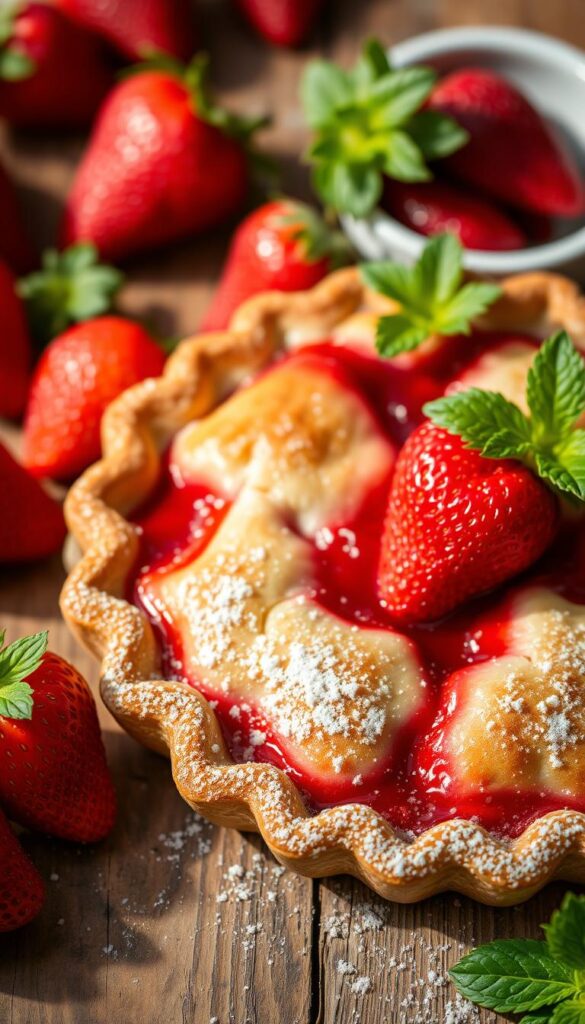 A mouthwatering close-up of a freshly baked strawberry pie, with a golden-brown buttery crust and a vibrant red filling glistening with natural juices. The pie is arranged on a rustic wooden table, surrounded by fresh strawberries, mint leaves, and a light dusting of powdered sugar. Soft, diffused natural lighting casts a warm, inviting glow, creating a summery, idyllic atmosphere. The composition is balanced, with the pie occupying the central focus, drawing the viewer's attention to its irresistible texture and flavor. This image perfectly captures the essence of a delightful, no-bake strawberry pie - the perfect summer dessert.