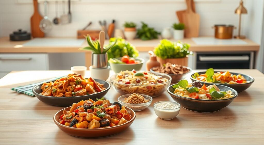 A neatly arranged assortment of quick, delectable dinner recipes on a light, wooden table. In the foreground, a variety of colorful dishes - a sizzling stir-fry, a hearty pasta bake, and a fresh salad - capturing the essence of fast, flavorful meals. The middle ground features kitchen utensils, spices, and fresh produce, conveying the effortless preparation of these dishes. The background showcases a minimalist, sun-drenched kitchen setting, radiating a sense of warmth and efficiency. Soft, natural lighting casts a golden glow, enhancing the appetizing appeal of the scene. The overall mood is one of simplicity, practicality, and the joyful celebration of quick, nourishing dinners that fit seamlessly into busy lifestyles.